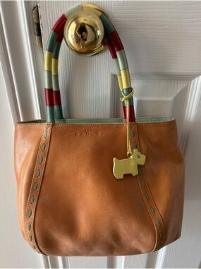 RADLEY LONDON Tan Leather Tote with Multicolor Striped Handles